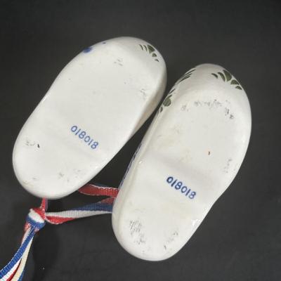 LOT 357: Delft Holland Hand Painted Vase, Wedgewood Style Pill Box & Ceramic Painted Shoes