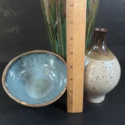 LOT 358: Drip Glaze Pottery Vase, Pottery Bud Vase & Initialed DW Pottery Bowl