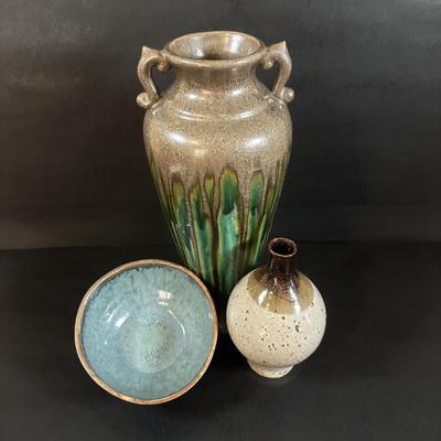 LOT 358: Drip Glaze Pottery Vase, Pottery Bud Vase & Initialed DW Pottery Bowl