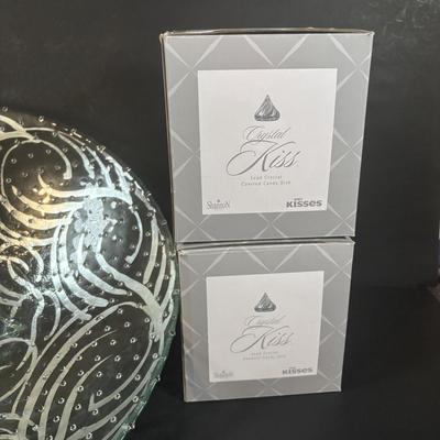 LOT 359: Tamara Childs 12” Hand Gilded Silver Swirl Beaded Glass Tripod Feet Bowl, Shannon Crystal Hershey Kisses & More