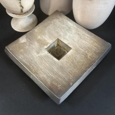 LOT 360: Pottery Egg Shaped Vases,Design by Designwright Upside Down Vase, Pottery Barn Square Metal Flower Holder w/Flower Frog