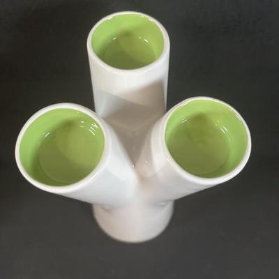 LOT 360: Pottery Egg Shaped Vases,Design by Designwright Upside Down Vase, Pottery Barn Square Metal Flower Holder w/Flower Frog