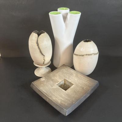 LOT 360: Pottery Egg Shaped Vases,Design by Designwright Upside Down Vase, Pottery Barn Square Metal Flower Holder w/Flower Frog