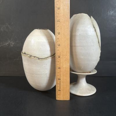 LOT 360: Pottery Egg Shaped Vases,Design by Designwright Upside Down Vase, Pottery Barn Square Metal Flower Holder w/Flower Frog