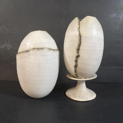 LOT 360: Pottery Egg Shaped Vases,Design by Designwright Upside Down Vase, Pottery Barn Square Metal Flower Holder w/Flower Frog
