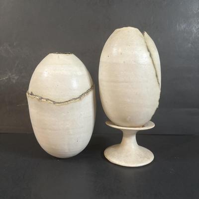LOT 360: Pottery Egg Shaped Vases,Design by Designwright Upside Down Vase, Pottery Barn Square Metal Flower Holder w/Flower Frog