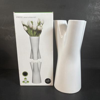 LOT 360: Pottery Egg Shaped Vases,Design by Designwright Upside Down Vase, Pottery Barn Square Metal Flower Holder w/Flower Frog