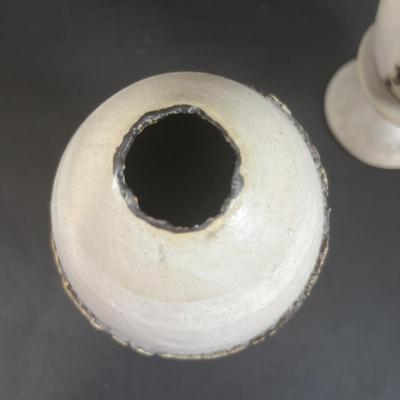 LOT 360: Pottery Egg Shaped Vases,Design by Designwright Upside Down Vase, Pottery Barn Square Metal Flower Holder w/Flower Frog