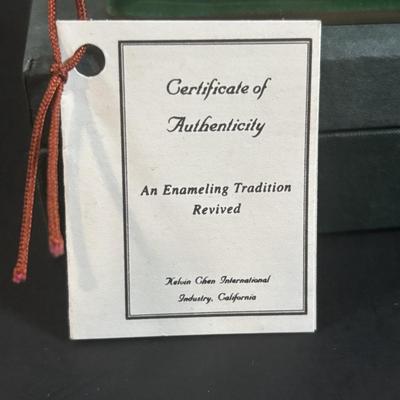 LOT 366: Kelvin Chen No533 Enamel Trinket Box Signed w/Certificate, Milk Glass Powder Jar, Frosted White Glass Vase, Picture Frames &...