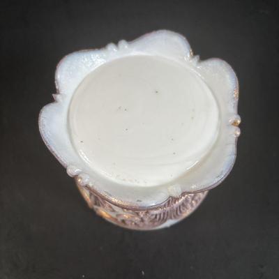 LOT 366: Kelvin Chen No533 Enamel Trinket Box Signed w/Certificate, Milk Glass Powder Jar, Frosted White Glass Vase, Picture Frames &...