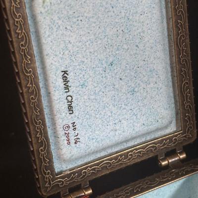 LOT 366: Kelvin Chen No533 Enamel Trinket Box Signed w/Certificate, Milk Glass Powder Jar, Frosted White Glass Vase, Picture Frames &...