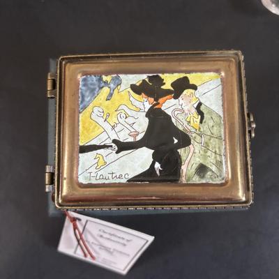 LOT 366: Kelvin Chen No533 Enamel Trinket Box Signed w/Certificate, Milk Glass Powder Jar, Frosted White Glass Vase, Picture Frames &...