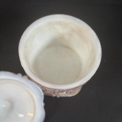 LOT 366: Kelvin Chen No533 Enamel Trinket Box Signed w/Certificate, Milk Glass Powder Jar, Frosted White Glass Vase, Picture Frames &...