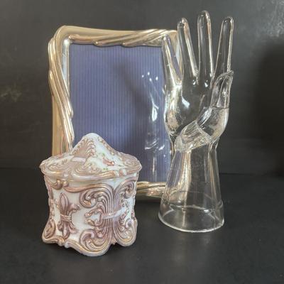 LOT 366: Kelvin Chen No533 Enamel Trinket Box Signed w/Certificate, Milk Glass Powder Jar, Frosted White Glass Vase, Picture Frames &...