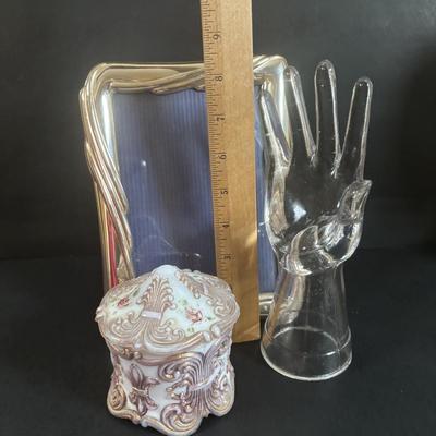 LOT 366: Kelvin Chen No533 Enamel Trinket Box Signed w/Certificate, Milk Glass Powder Jar, Frosted White Glass Vase, Picture Frames &...