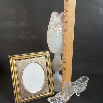 LOT 366: Kelvin Chen No533 Enamel Trinket Box Signed w/Certificate, Milk Glass Powder Jar, Frosted White Glass Vase, Picture Frames &...