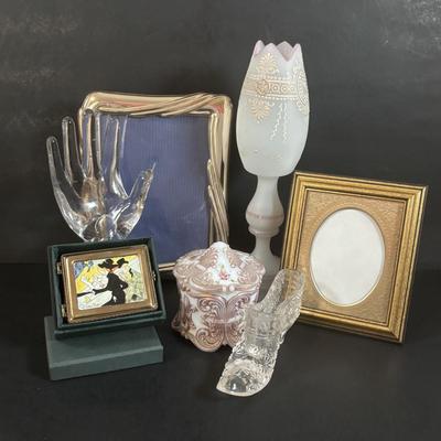 LOT 366: Kelvin Chen No533 Enamel Trinket Box Signed w/Certificate, Milk Glass Powder Jar, Frosted White Glass Vase, Picture Frames &...