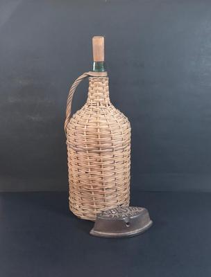 LOT 367: Antique Wicker Wrapped Bottle w/Wooden Stopper & Asbestos Sad Iron