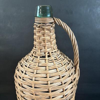 LOT 367: Antique Wicker Wrapped Bottle w/Wooden Stopper & Asbestos Sad Iron