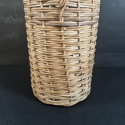 LOT 367: Antique Wicker Wrapped Bottle w/Wooden Stopper & Asbestos Sad Iron