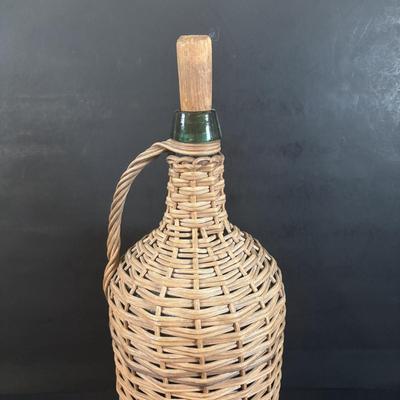 LOT 367: Antique Wicker Wrapped Bottle w/Wooden Stopper & Asbestos Sad Iron