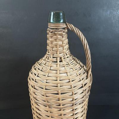 LOT 367: Antique Wicker Wrapped Bottle w/Wooden Stopper & Asbestos Sad Iron