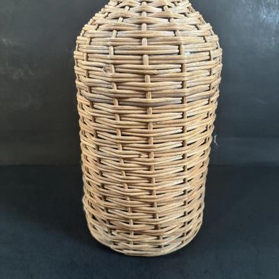 LOT 367: Antique Wicker Wrapped Bottle w/Wooden Stopper & Asbestos Sad Iron