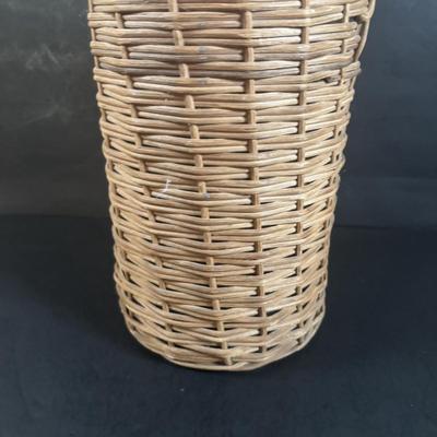 LOT 367: Antique Wicker Wrapped Bottle w/Wooden Stopper & Asbestos Sad Iron