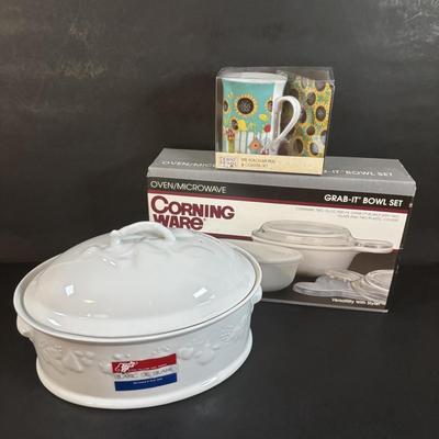 LOT 368: New in Box Corning Ware Grab-it Bowl Set, Philippe Deshoulieres Casserole Dish White Porcelain Blanc De Blanc France 2Qt, &...