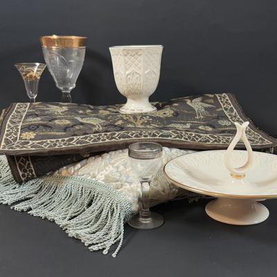 LOT 369: Lenox Judaic Collection Kiddush Cup, Crystal Kiddush Judaic Cup, Lenox Venus Collection Nut/Candy Dish, Table Runner &...