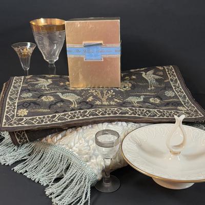 LOT 369: Lenox Judaic Collection Kiddush Cup, Crystal Kiddush Judaic Cup, Lenox Venus Collection Nut/Candy Dish, Table Runner &...