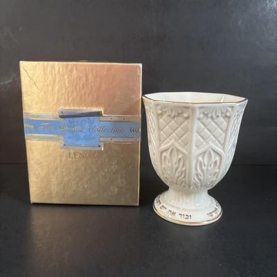 LOT 369: Lenox Judaic Collection Kiddush Cup, Crystal Kiddush Judaic Cup, Lenox Venus Collection Nut/Candy Dish, Table Runner &...