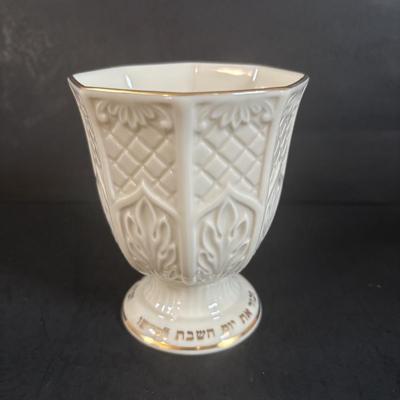 LOT 369: Lenox Judaic Collection Kiddush Cup, Crystal Kiddush Judaic Cup, Lenox Venus Collection Nut/Candy Dish, Table Runner &...