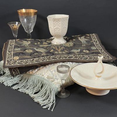 LOT 369: Lenox Judaic Collection Kiddush Cup, Crystal Kiddush Judaic Cup, Lenox Venus Collection Nut/Candy Dish, Table Runner &...
