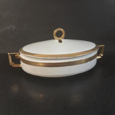 LOT 372 Herend Golden Edge Square Bow; & Royal Bavaria 18k Gold Rimmed Covered Dish