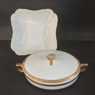 LOT 372 Herend Golden Edge Square Bow; & Royal Bavaria 18k Gold Rimmed Covered Dish