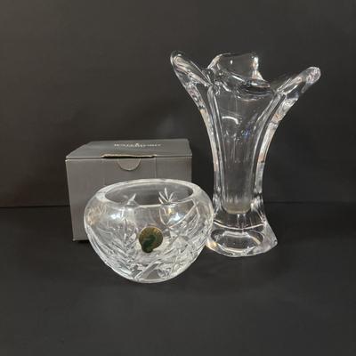 LOT 376: Cofrac Art Verrier Crystal Vase & Waterford Essence Votive Candle Holder