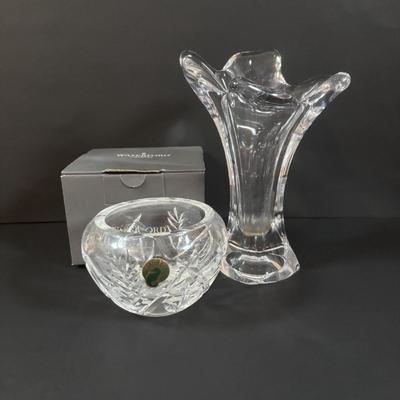LOT 376: Cofrac Art Verrier Crystal Vase & Waterford Essence Votive Candle Holder
