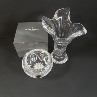 LOT 376: Cofrac Art Verrier Crystal Vase & Waterford Essence Votive Candle Holder