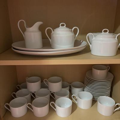 LOT 379: Mikasa L5424 Zephyr White Tea/Coffee Cups, Saucers, Creamer/Sugar