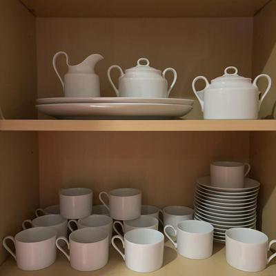 LOT 379: Mikasa L5424 Zephyr White Tea/Coffee Cups, Saucers, Creamer/Sugar