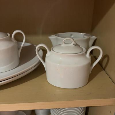 LOT 379: Mikasa L5424 Zephyr White Tea/Coffee Cups, Saucers, Creamer/Sugar