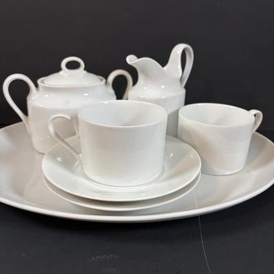 LOT 379: Mikasa L5424 Zephyr White Tea/Coffee Cups, Saucers, Creamer/Sugar