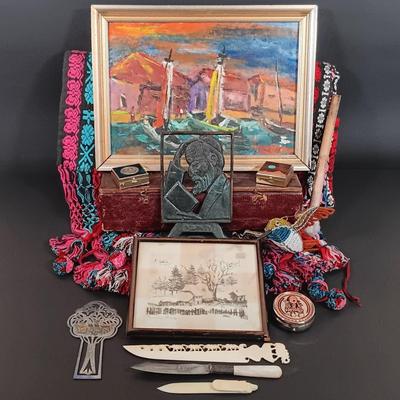 LOT 436: A Little Museum Collection- Folding Metal Book End, Stylized Letter Openers, Woven Shawl, Beaded Hummingbird & More