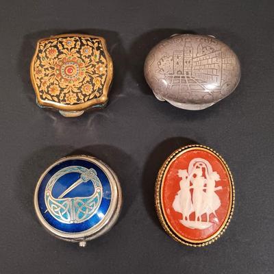 LOT 437: Vintage Estee Lauder Mini Compact and Cameo Pillbox with Wasa Solingen Scissors, Carlsbad Trinket Dish & More
