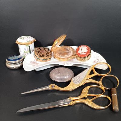 LOT 437: Vintage Estee Lauder Mini Compact and Cameo Pillbox with Wasa Solingen Scissors, Carlsbad Trinket Dish & More