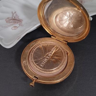 LOT 437: Vintage Estee Lauder Mini Compact and Cameo Pillbox with Wasa Solingen Scissors, Carlsbad Trinket Dish & More