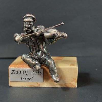 LOT 458: Sterling Silver Collection Letter Opener, A Mano Enameled Trinket Box, Zadok Arts Fiddler, Set of 6 Miniature Candle Holders