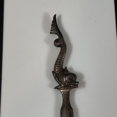 LOT 458: Sterling Silver Collection Letter Opener, A Mano Enameled Trinket Box, Zadok Arts Fiddler, Set of 6 Miniature Candle Holders