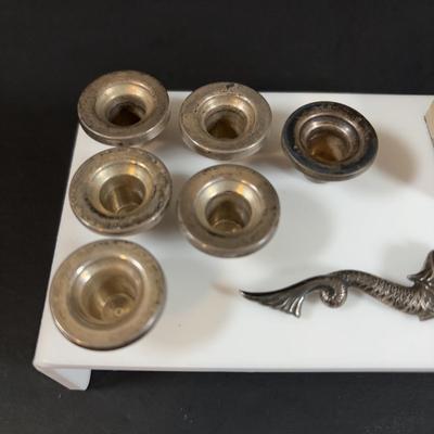 LOT 458: Sterling Silver Collection Letter Opener, A Mano Enameled Trinket Box, Zadok Arts Fiddler, Set of 6 Miniature Candle Holders